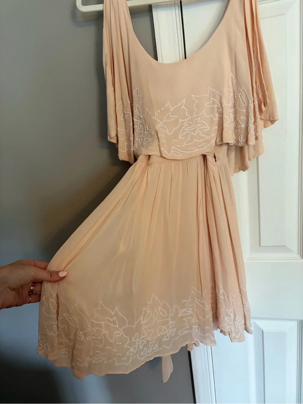 Free People Beaded Cold-Shoulder Wrap Mini Dress Blush / Peach